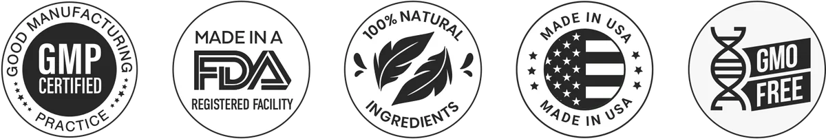 Manufacturer quality badges: GMP certified, made in an FDA-registered facility, 100% natural ingredients, made in USA, GMO free